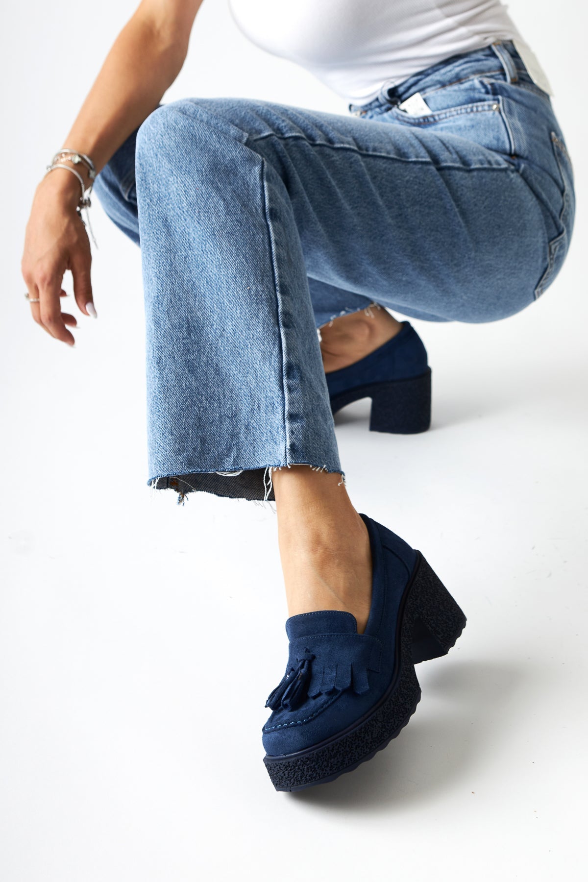 Loreen Damen Marineblaue Wildleder Quasten Absatzschuh Bequemer Täglicher Schuh