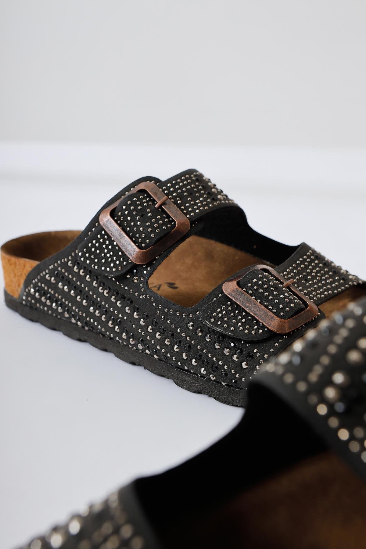 Aire Black Double Banded Stone Detailed Slippers
