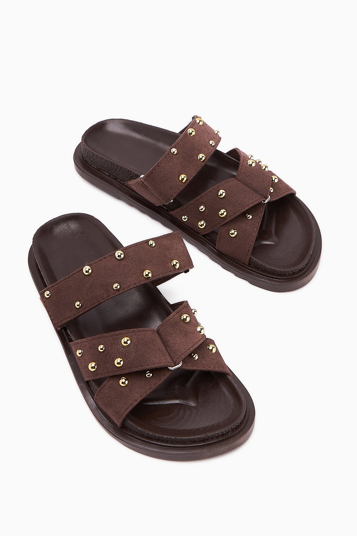 Mino Coffee Cross-Strap Studded Women's Slippers