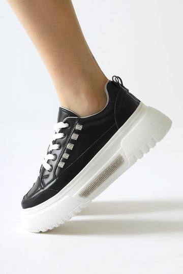 Tram Black Thick Soled Stone Detailed Lace-Up Sneakers