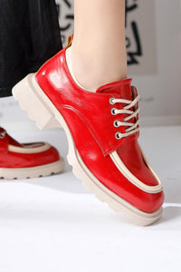 Niven Red Creased Patent Leather Beige Detailed Loafers