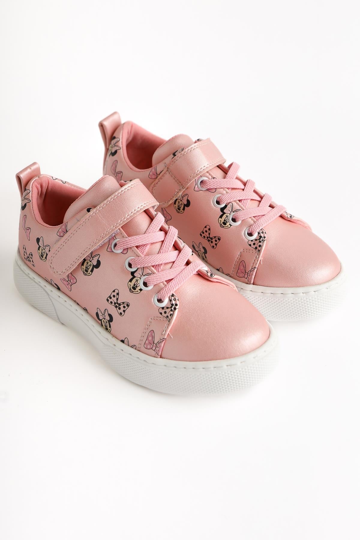 Helda Rosa Gestreifter Charakterdruck Schnür-Velcro Detail Kinder Sportschuh