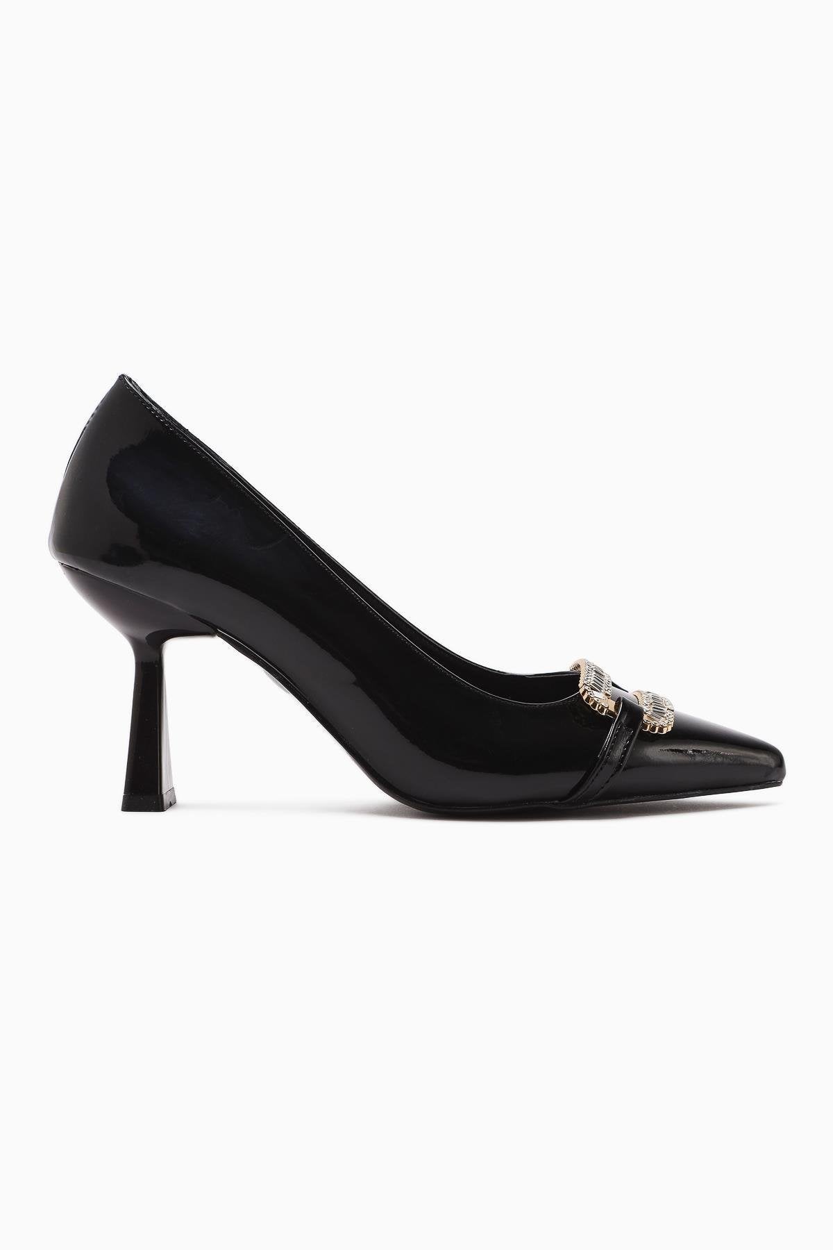 Ania Black Patent Leather Pointed Toe Stone Buckle Detailed Heeled Women's Shoes