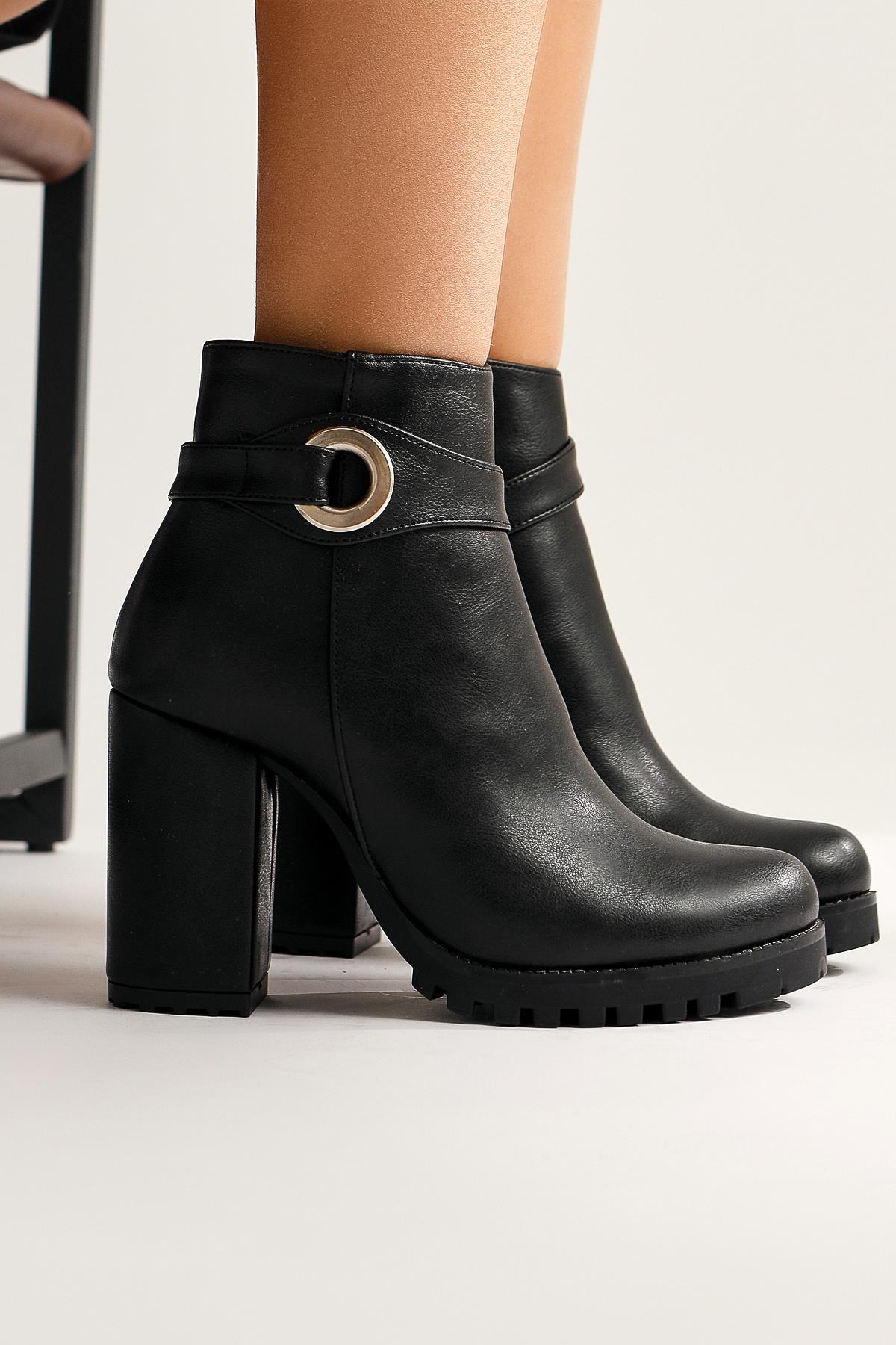 Destina Black Oval Toe Ankle Accessory Heeled Boots