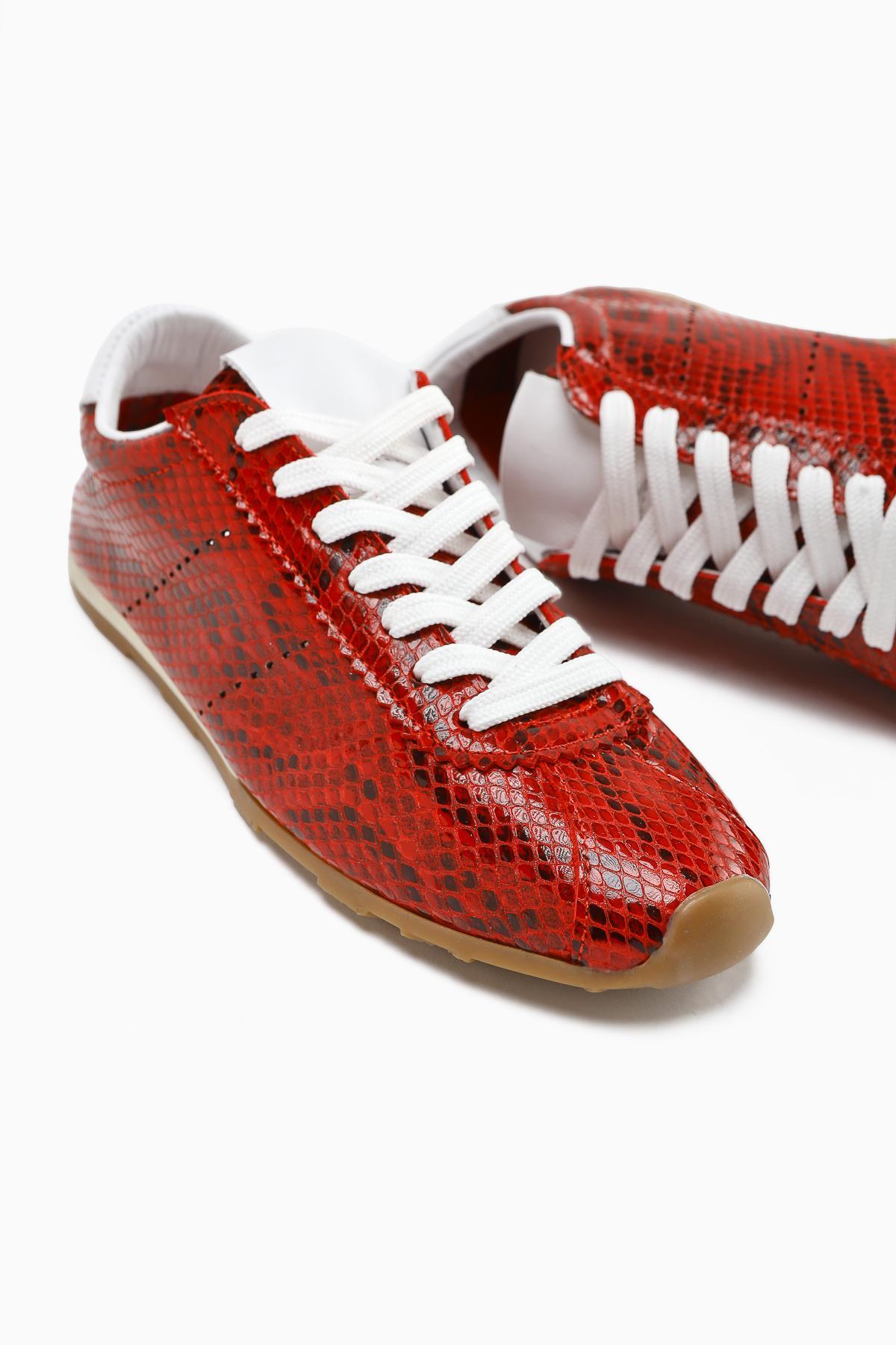 Genuine Leather Alisa Red Crocodile Leather Printed Lace-Up Casual Women's Shoes