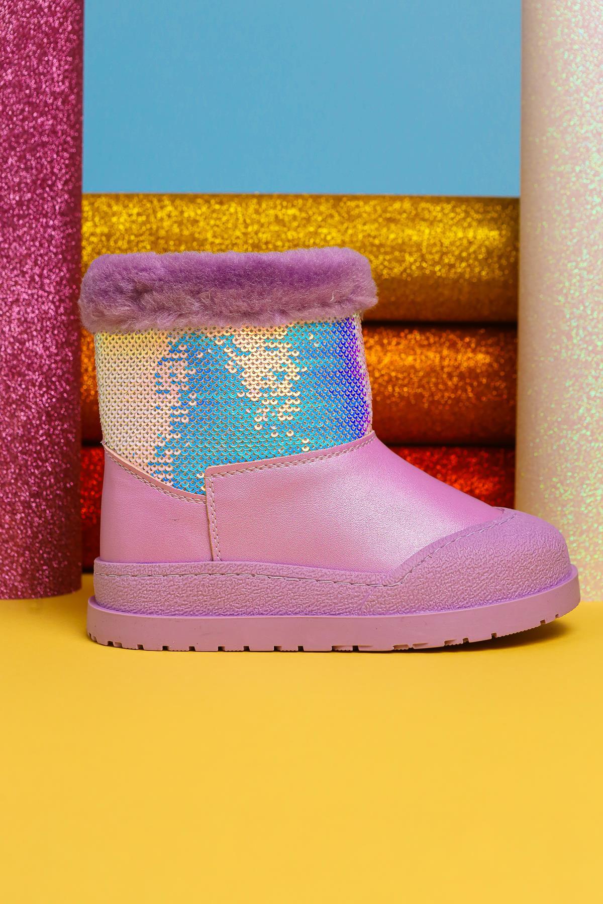 Hanne – Lila Stiefelette mit Pailletten und veganem Fellfutter (Kinder)