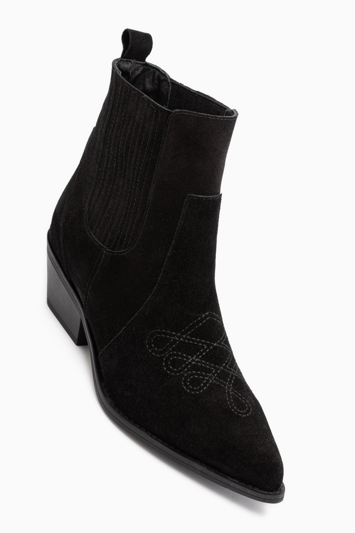 Freya Echtes Leder Schwarz Wildleder Bestickte Detail Damen Cowboy Stiefel