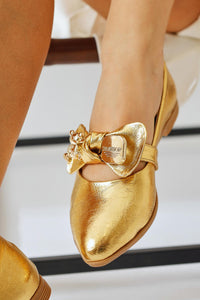 Joselin Gold Wrinkled Patent Leather Bow Accessory Ballerinas