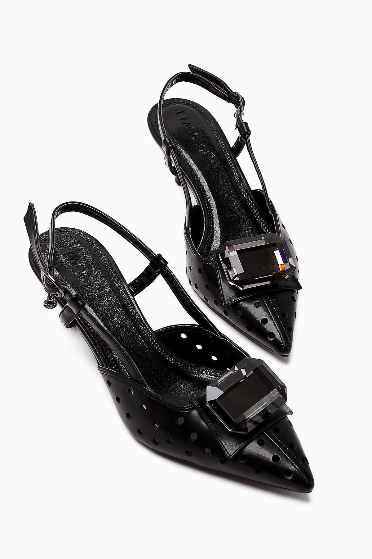 Ela Black Pointed Toe Laser Cut Stone Women's High Heel Shoes