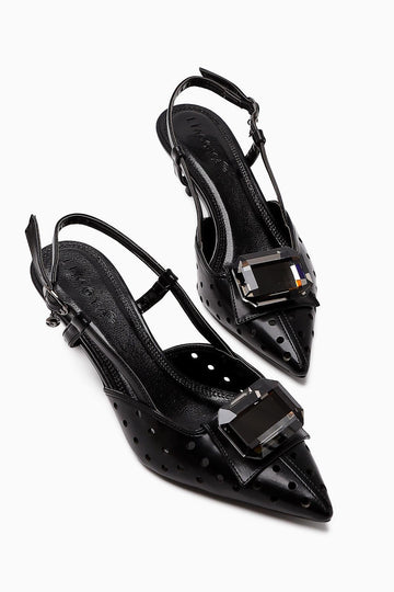 Ela Black Pointed Toe Laser Cut Stone Women's High Heel Shoes