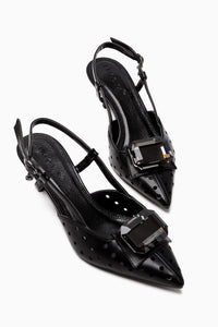 Ela Black Pointed Toe Laser Cut Stone Women's High Heel Shoes
