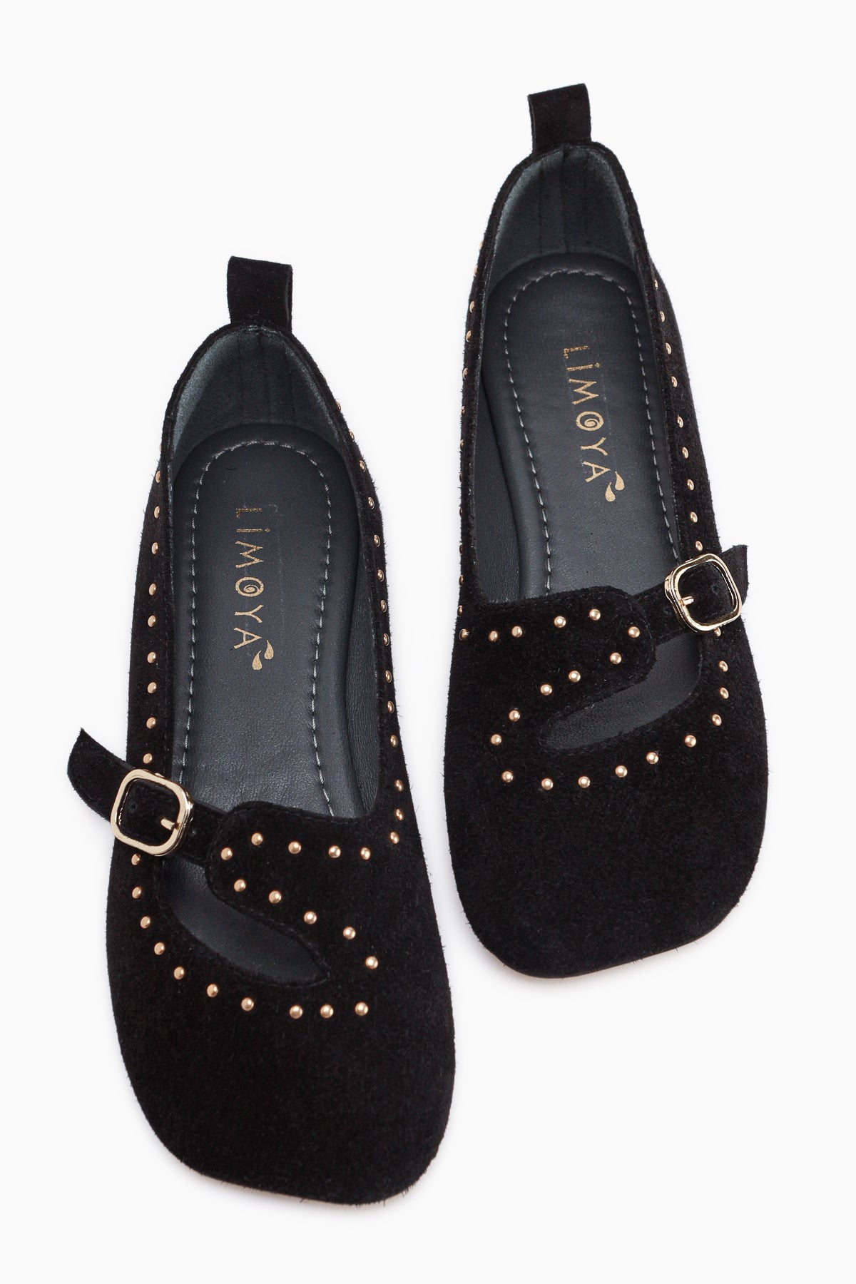 Nella Echtes Leder Schwarz Schnalle Quadrat Zehen Damen Ballerinas