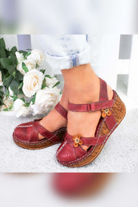 Genuine Leather Katlyn Burgundy Flower Detailed Closed Toe Wedge Sandals