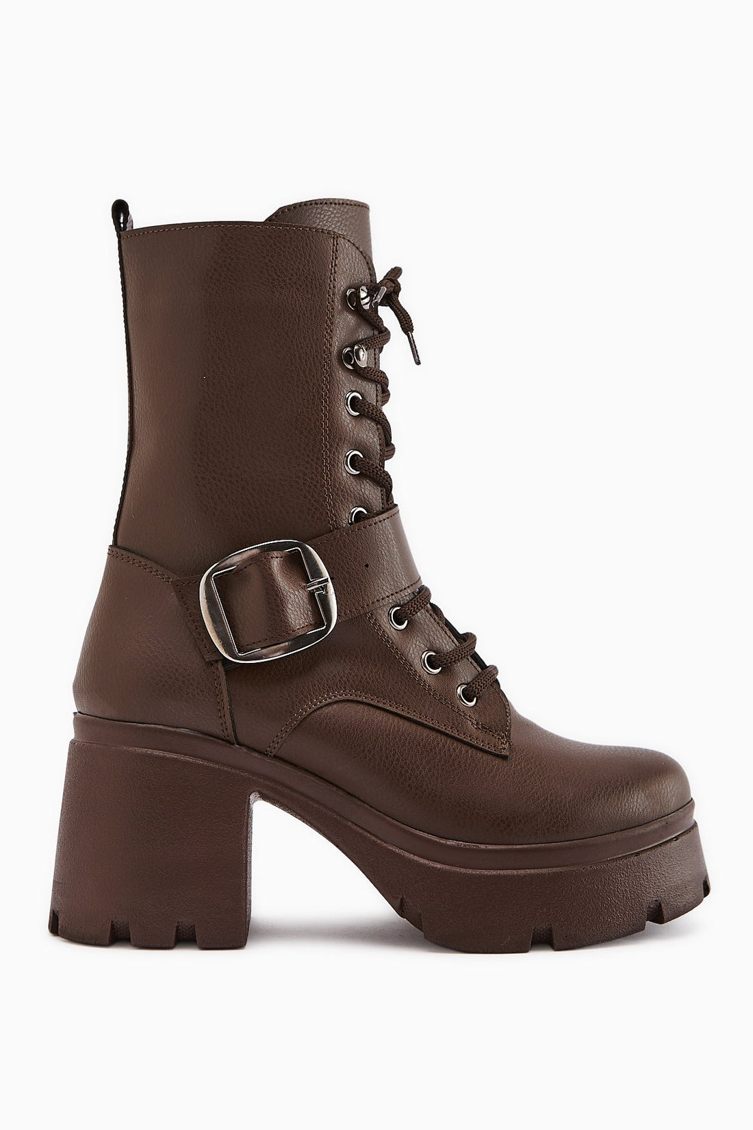 Caklin Women's Coffee Platform Heeled Boot with Belt Detail