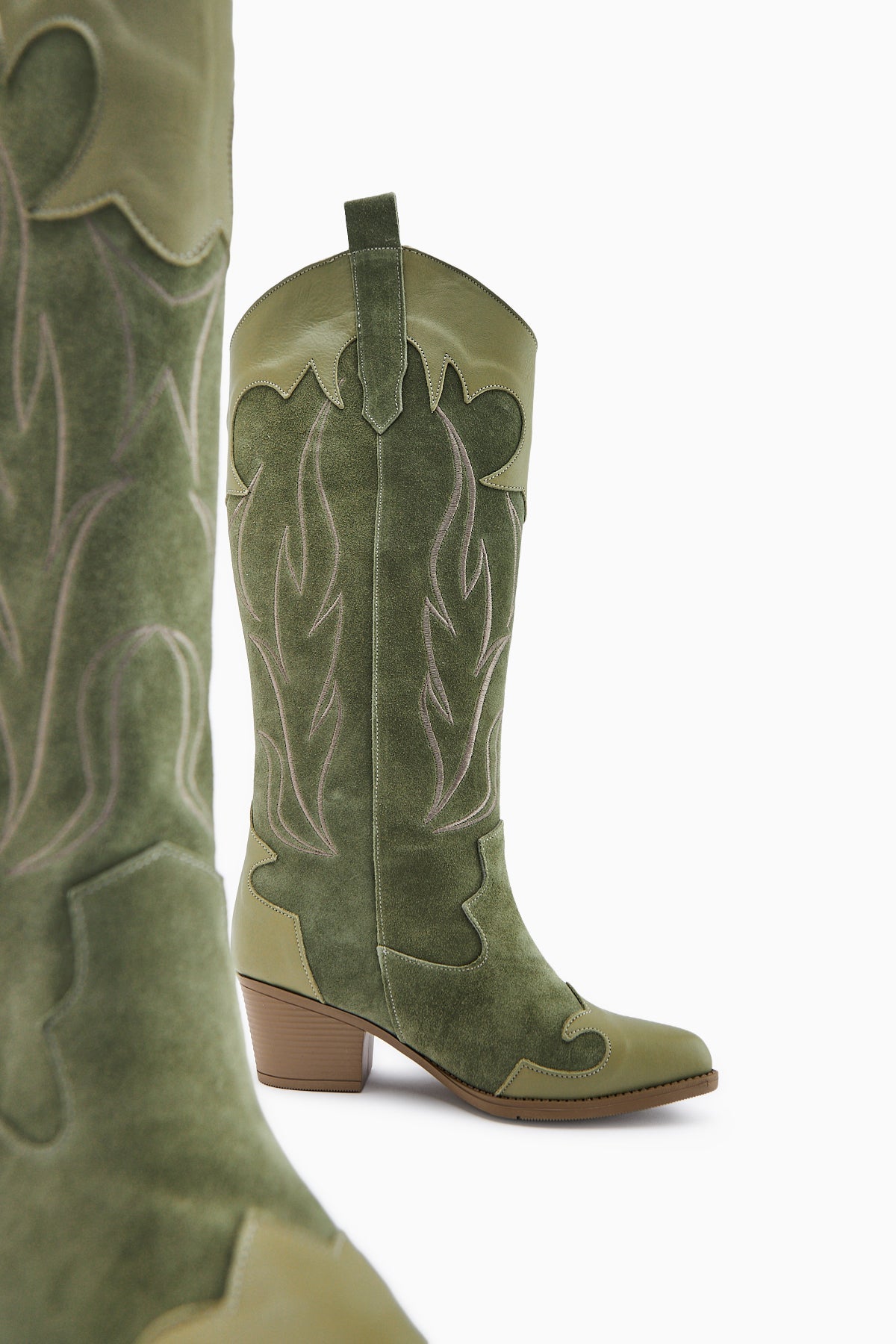 Lara Genuine Leather Olive Suede Embroidered Leather Detailed Heeled Western Boot