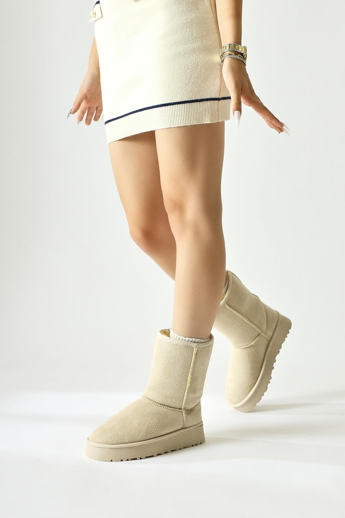 Lena-Birgitta Beige Suede Fur Lined Pull-On Boots