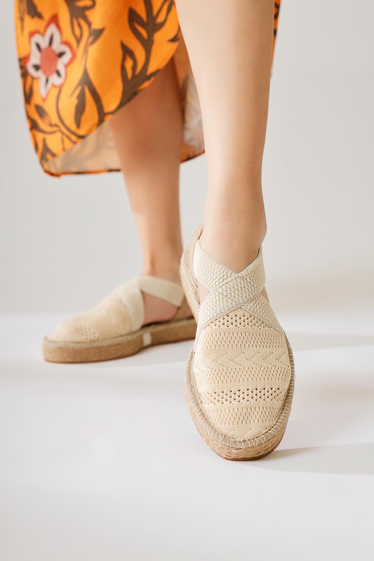 Zulma Beige Closed Front Knit Cross Strap Linen Sole Sandals