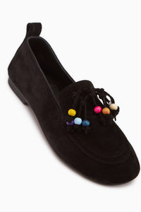 Genuine Leather Black Beaded Detailed Fringed Women’s Loafer Casual Shoes