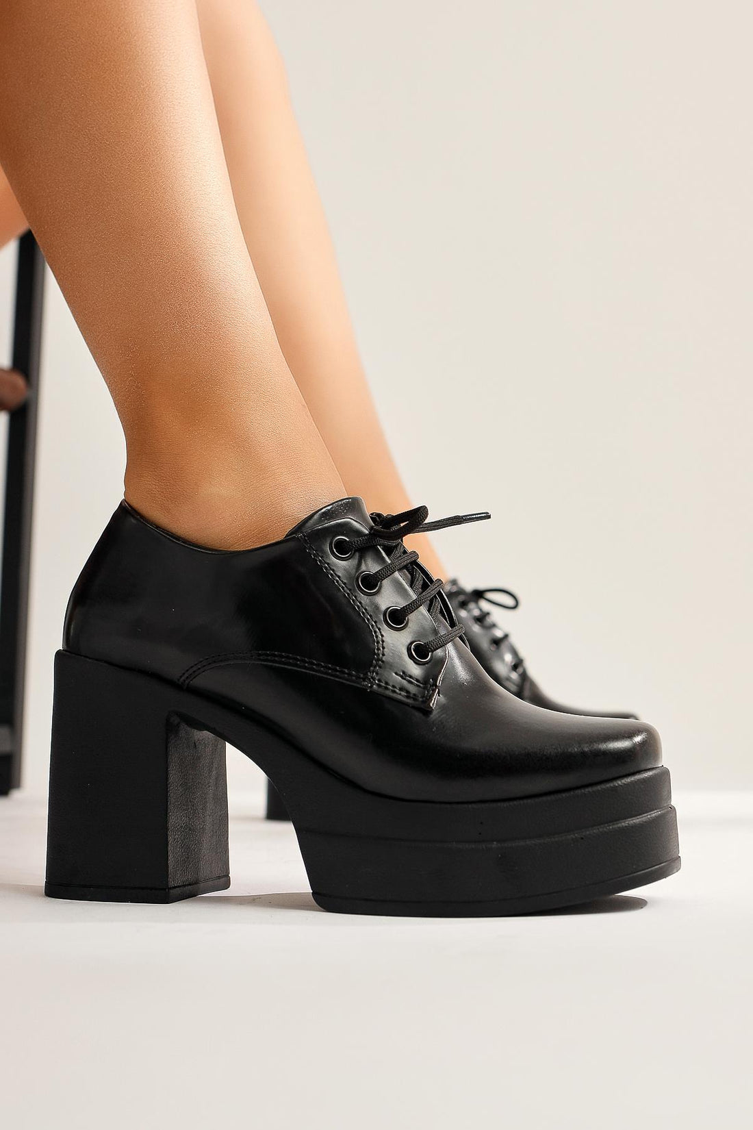 Audrina Black Patent Leather Lace-Up High Heel Platform Women's Shoes