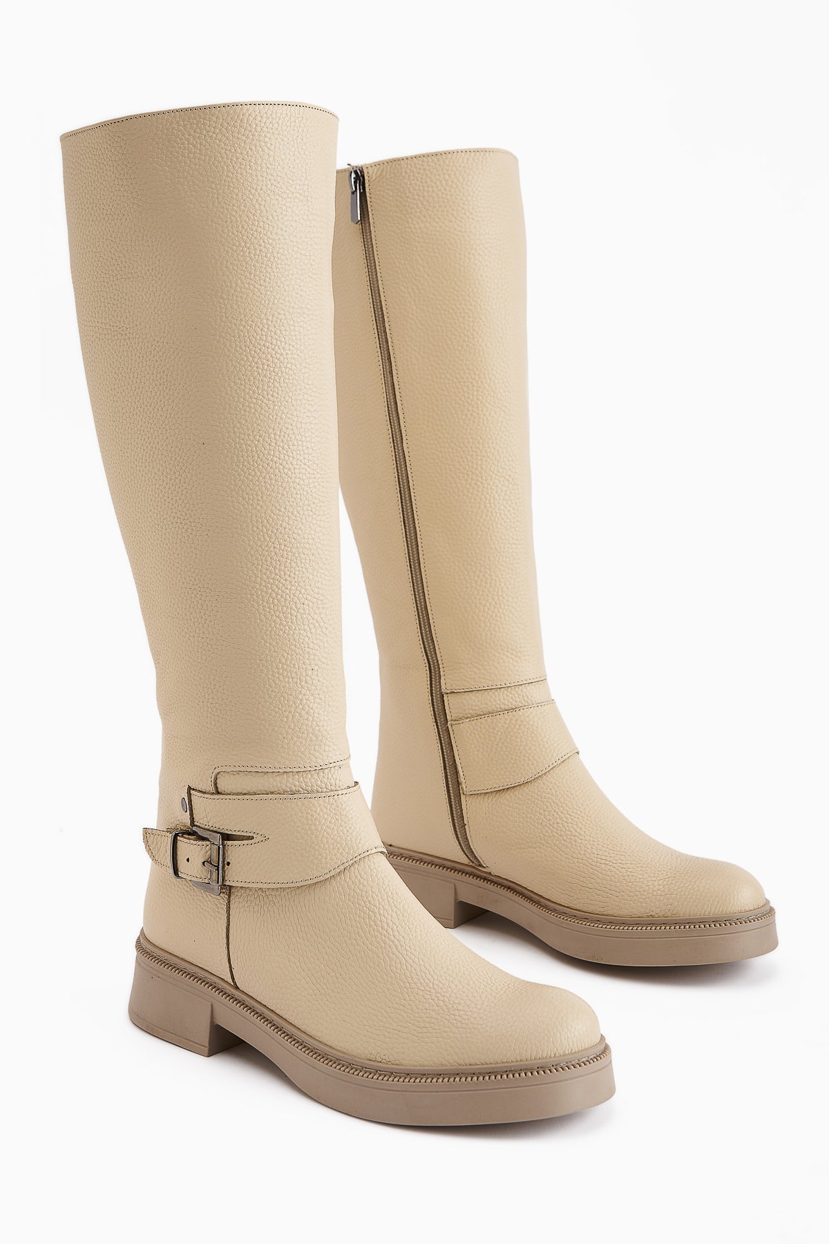 Penda Genuine Leather Beige Buckle Detail Women's Zipper Boot