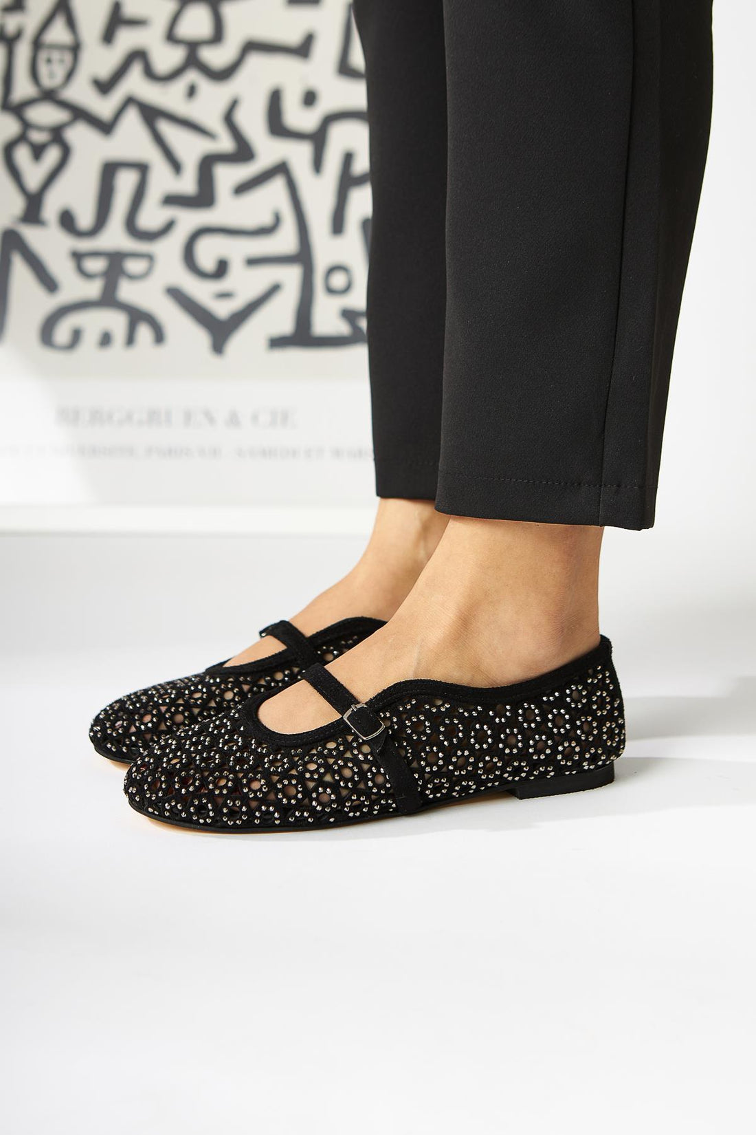 Nicki Black Suede Oval Toe Perforated Stone Detailed Single Strap Daily Women's Shoes