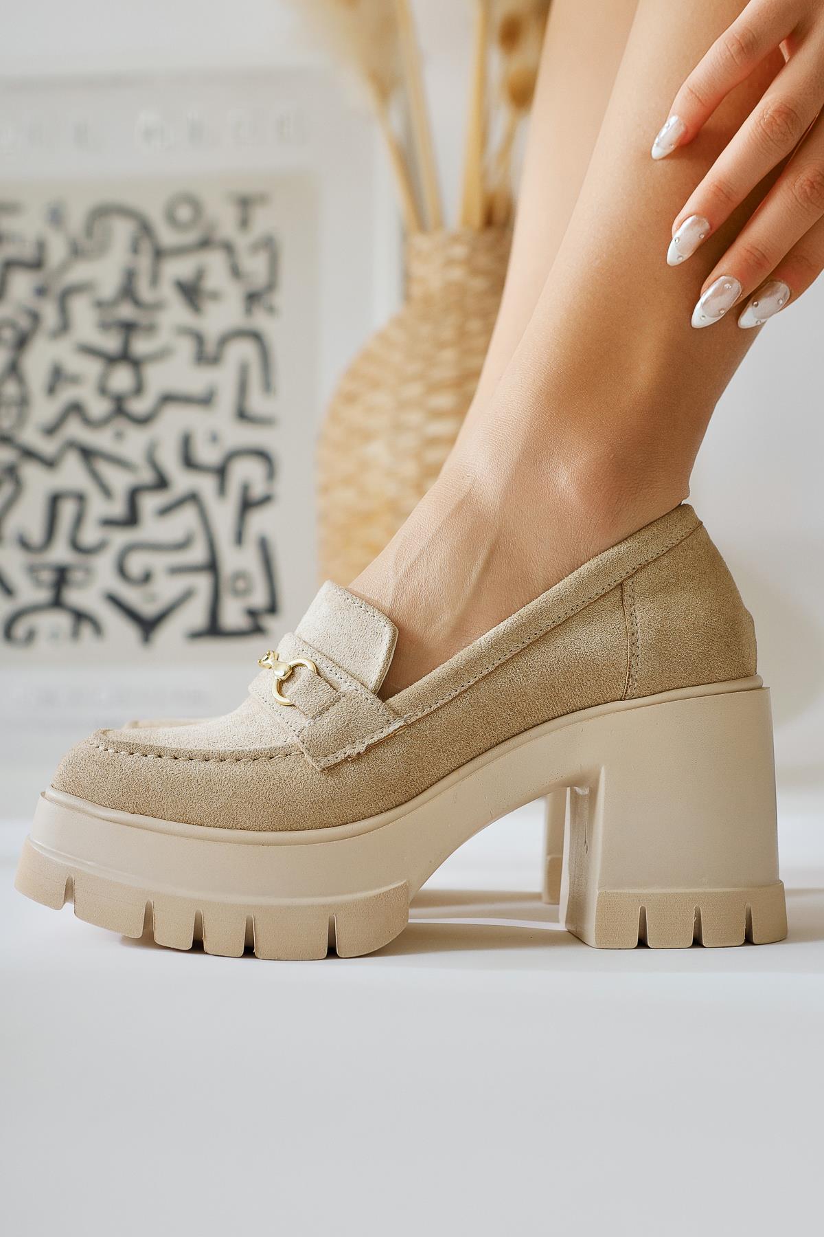 Manija Beige Suede Buckle Detail Platform Loafers