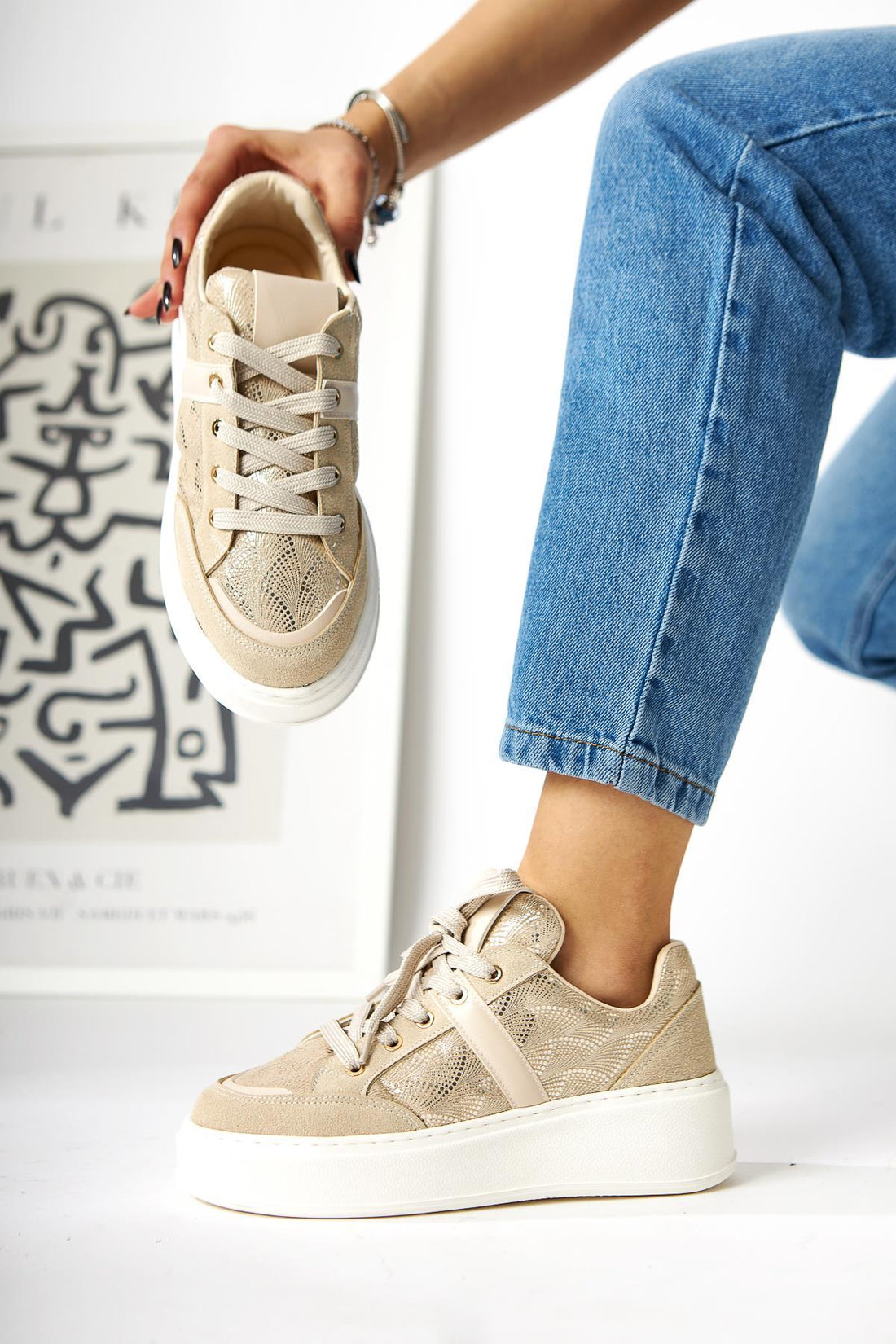 Julissa Beige Suede Shiny Patterned Thick Sole Women's Sneakers