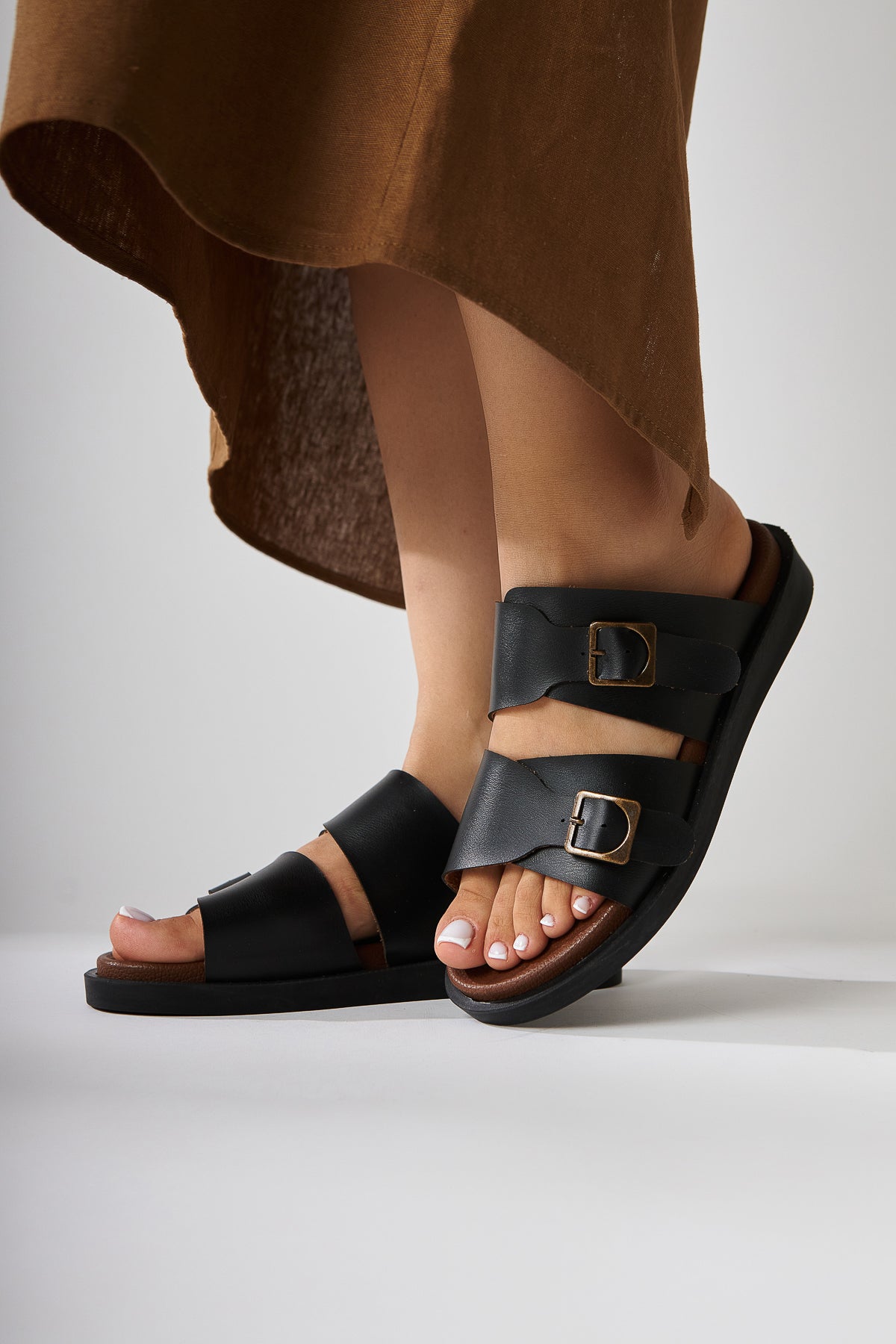 Soha Schwarz Doppelriemen Flache Damen Slipper