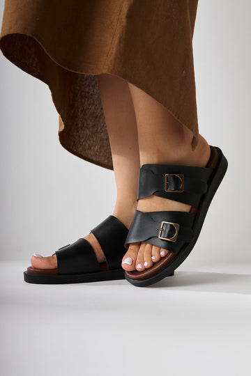 Soha Schwarz Doppelriemen Flache Damen Slipper