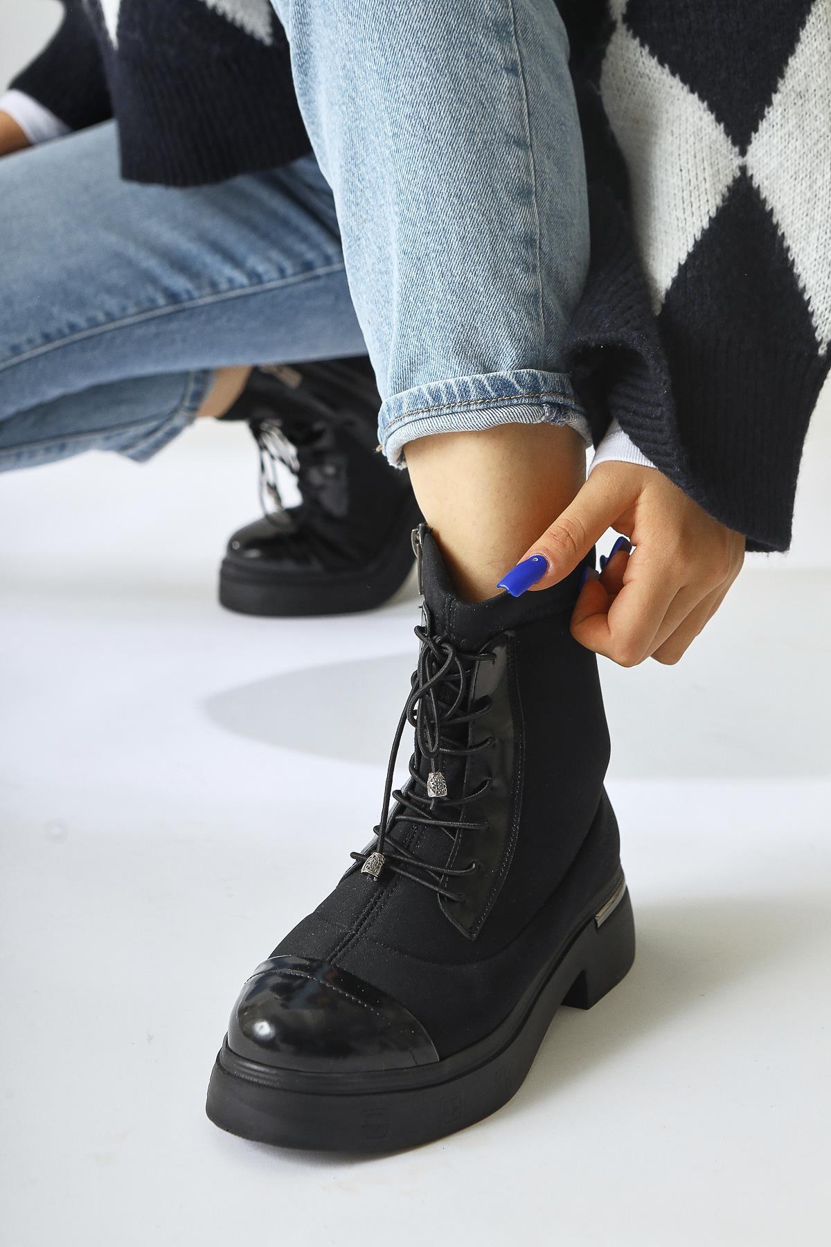 Maline – Black Scuba Fabric Patent-Detail Thick-Sole Boot (Women)
