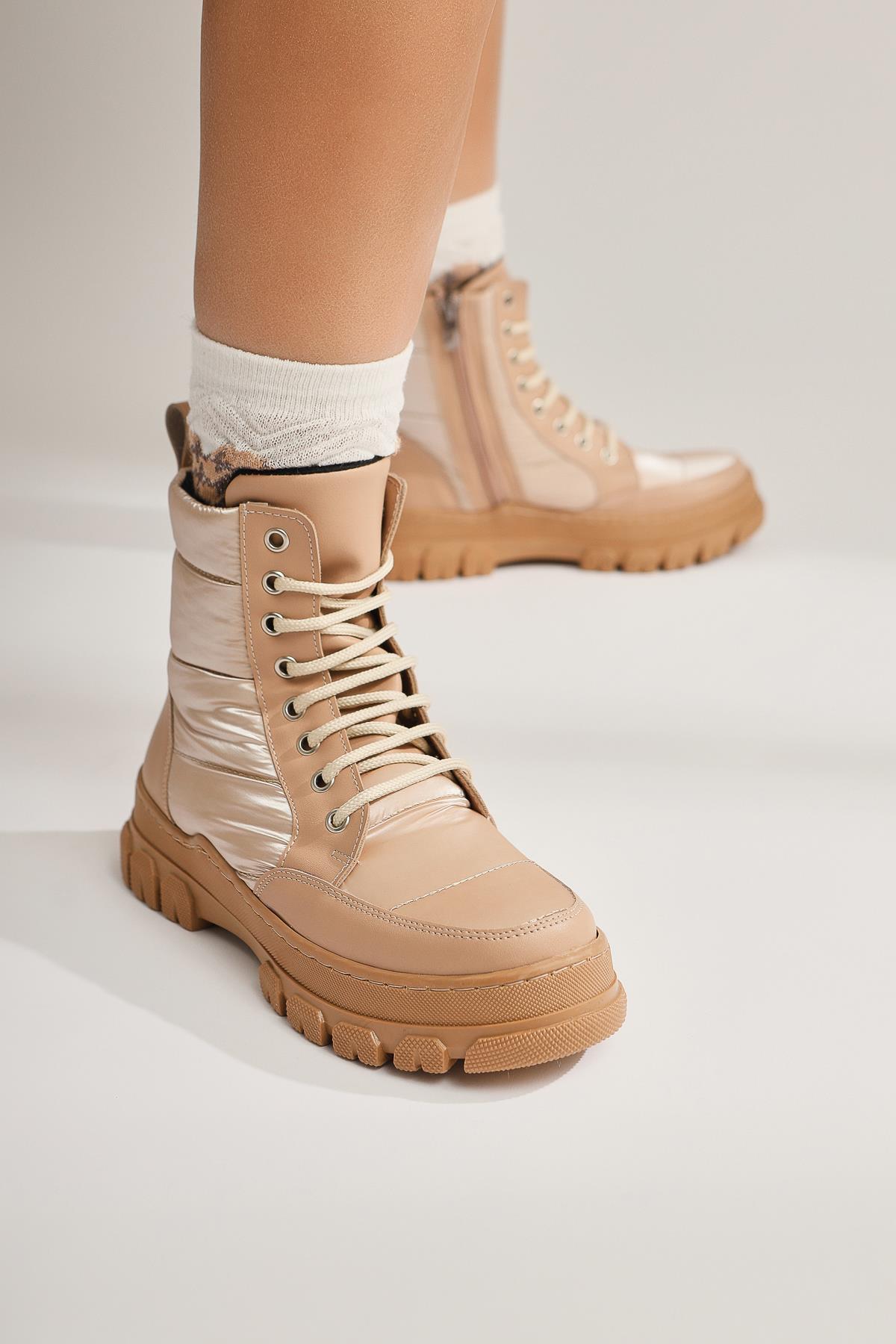 Meredith Beige Fluorescent Fabric Detailed Lace-Up Boots