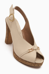 Bernis Genuine Leather Beige Buckled Platform Heeled Women’s Shoes