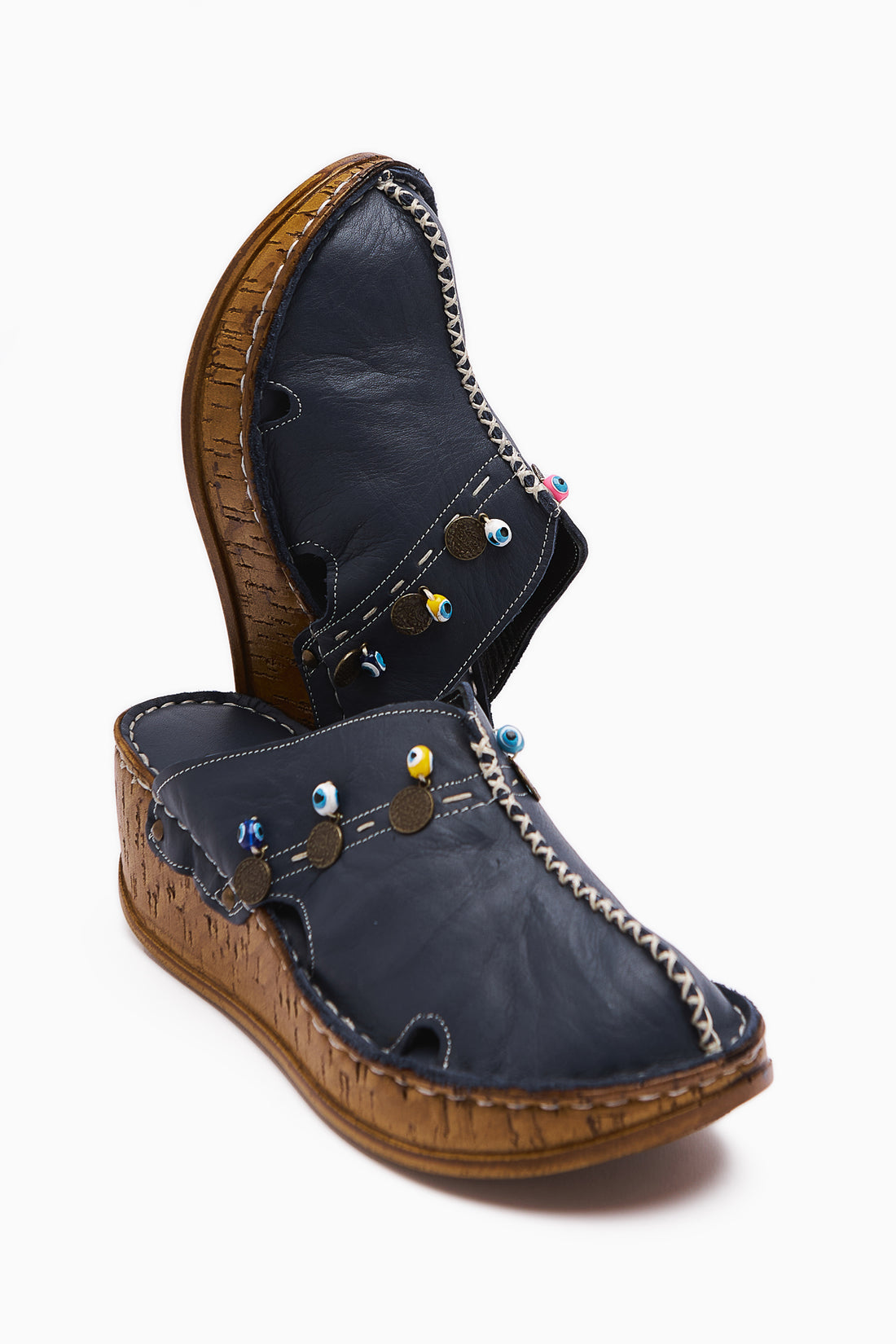 Echtes Leder Annika Kobalt Antik Detail Damen Clog Pantoletten