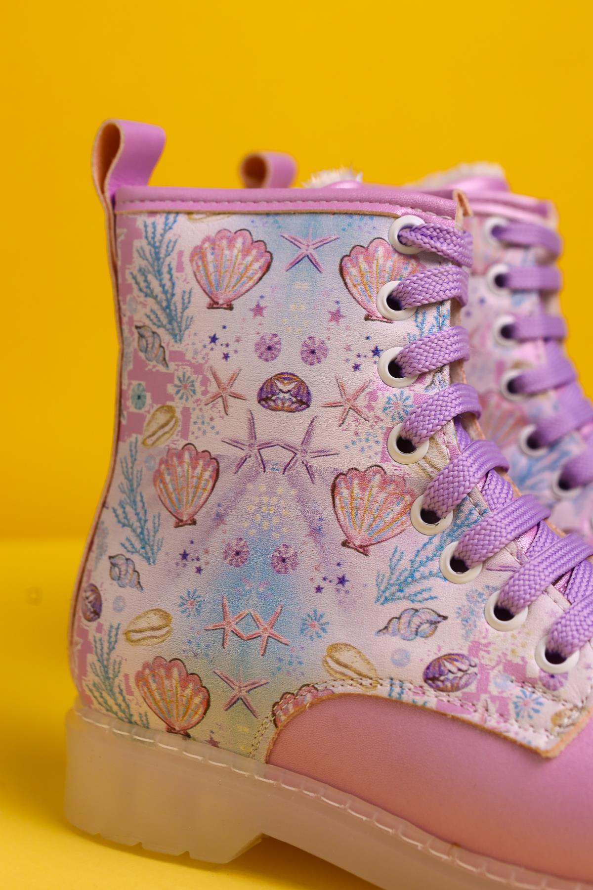 Fideli Lila Meeresleben Druck Leuchtende Schnür-Kinderstiefel