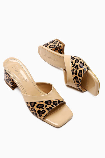 Morena Beige Patent Leather Leopard Detailed Short Heeled Women's Slippers