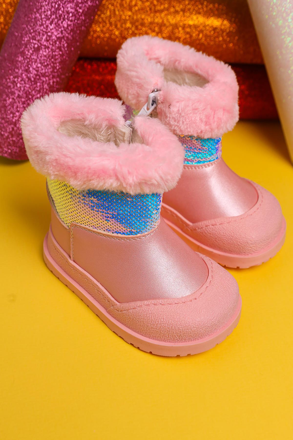 Eleen Rosa Paillettenbesetzte Baby-Stiefel mit Fellfutter