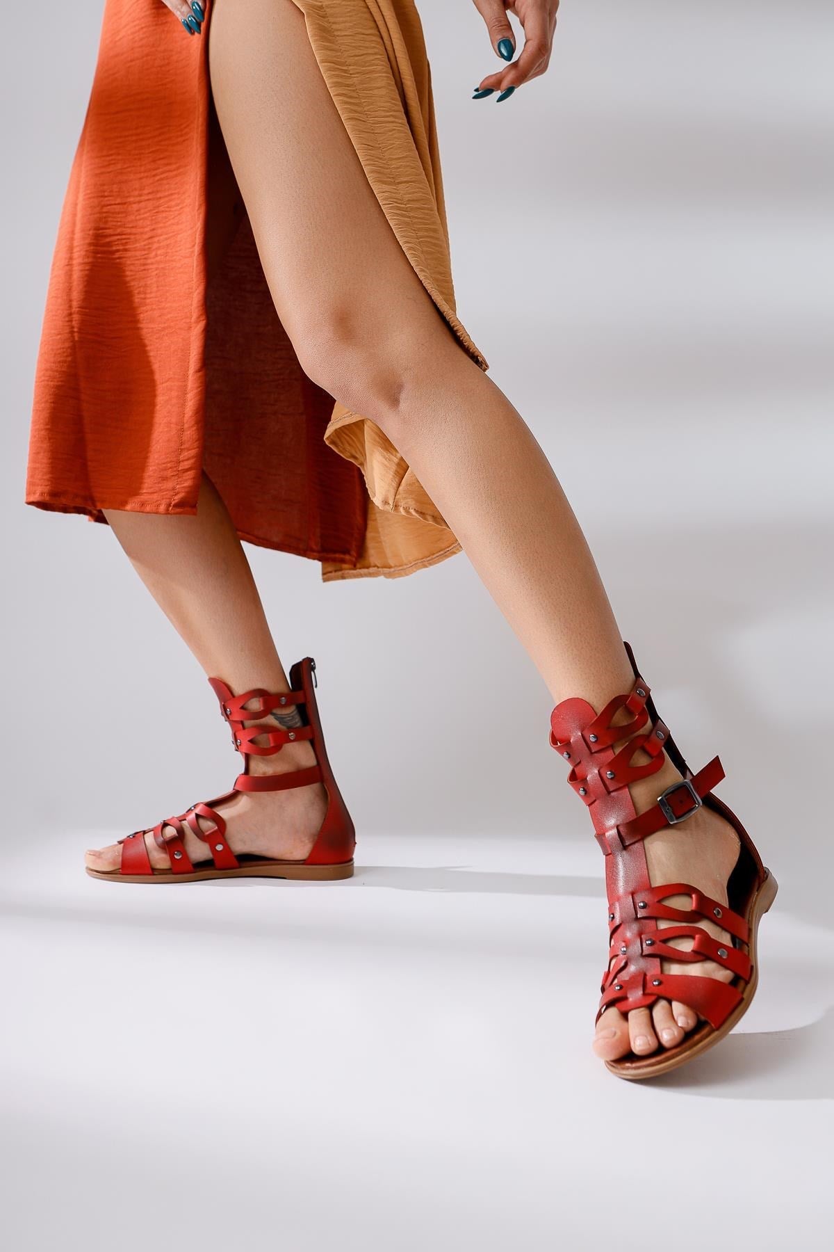 Georgina Echtes Leder Rote Nieten Gladiator Sandalen