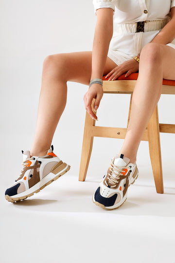 Siska Navy Blue-Cream Lace-Up High Sole Sneakers
