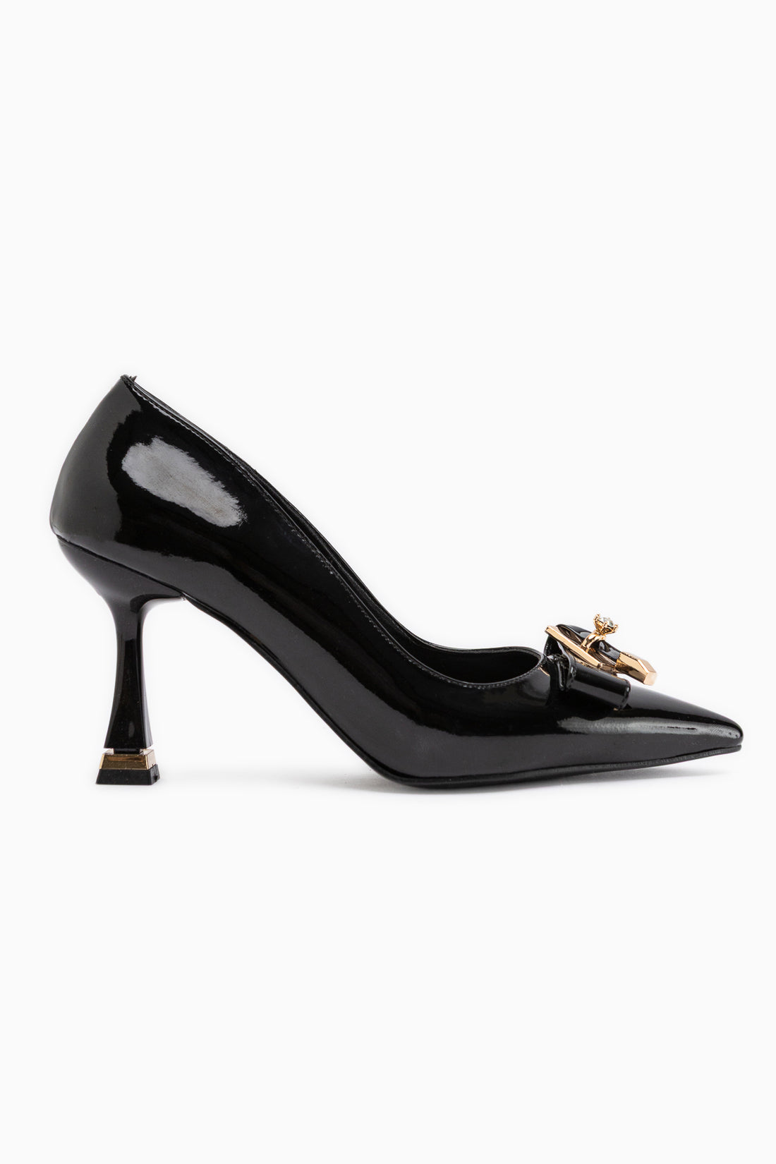 Mimosa Schwarz Lackleder Spitz Zehen Einzelstein Schnalle Detail Damen Absatzschuhe