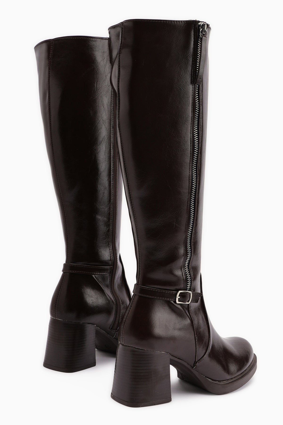 Nelia – Brown Wide-Shaft Heeled Knee-High Boot (Women)