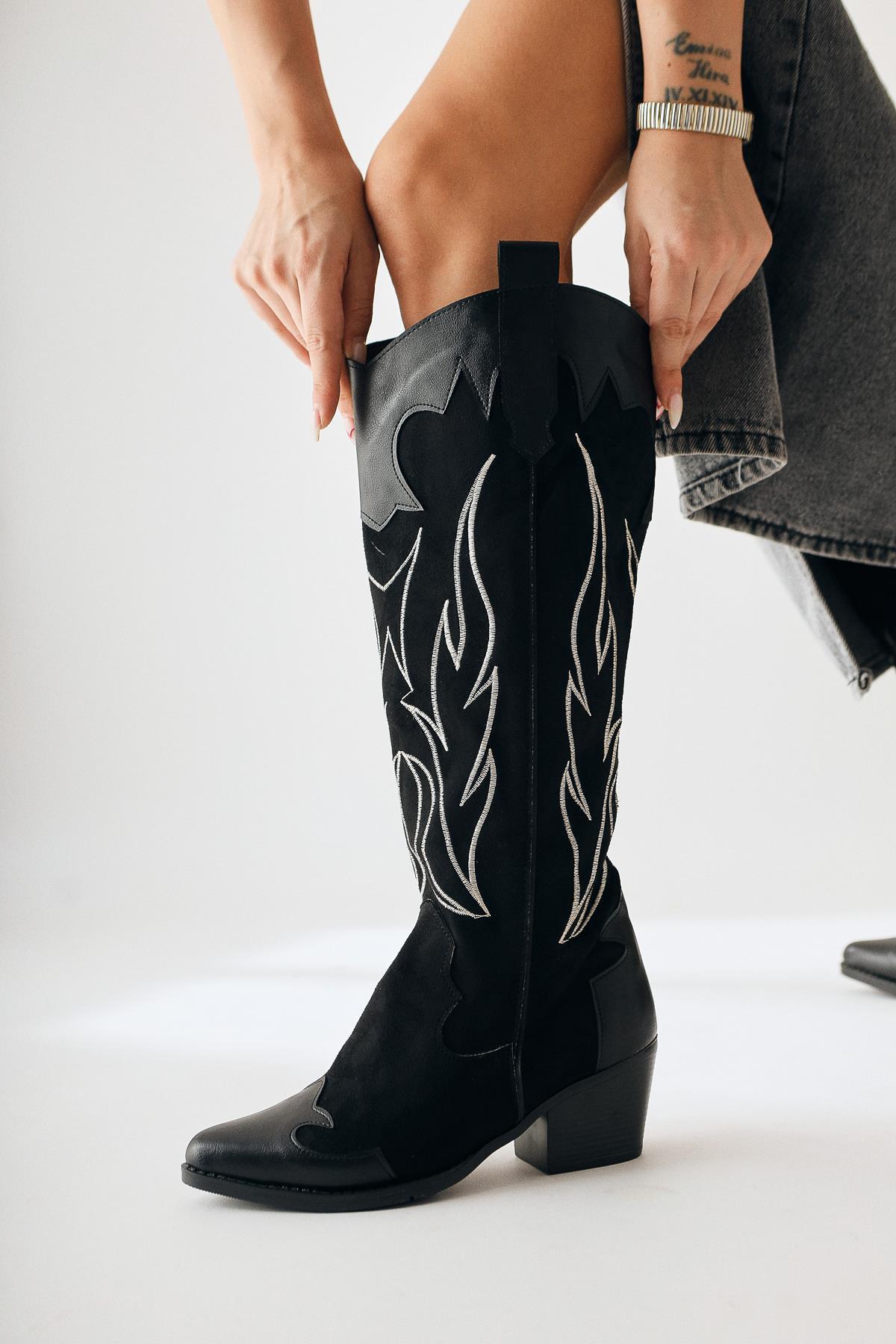 Bahar – Black Suede Embroidered Leather-Detail Heeled Western Knee-High Boot (Women)
