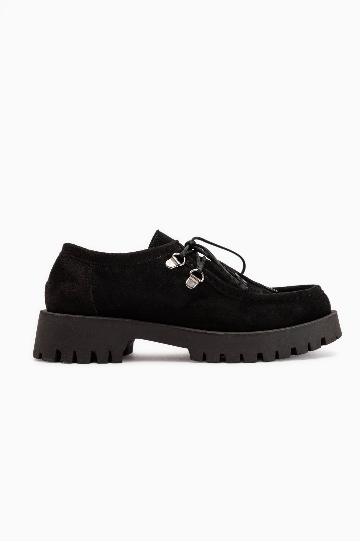 Trudy Black Suede Lace-Up Thick Sole Women’s Loafer