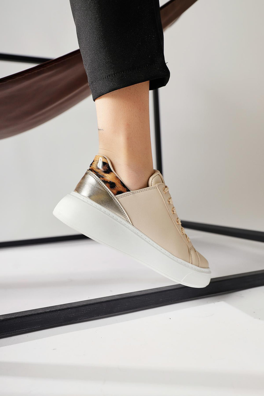 Tinka Cream Thick Soled Leopard Detail Sneakers