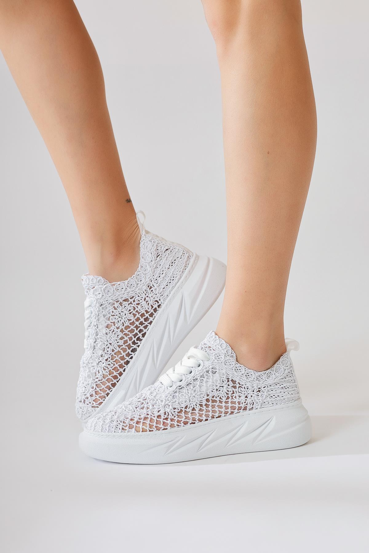 Anete White Knit Floral Embroidered Lace-Up Sneakers