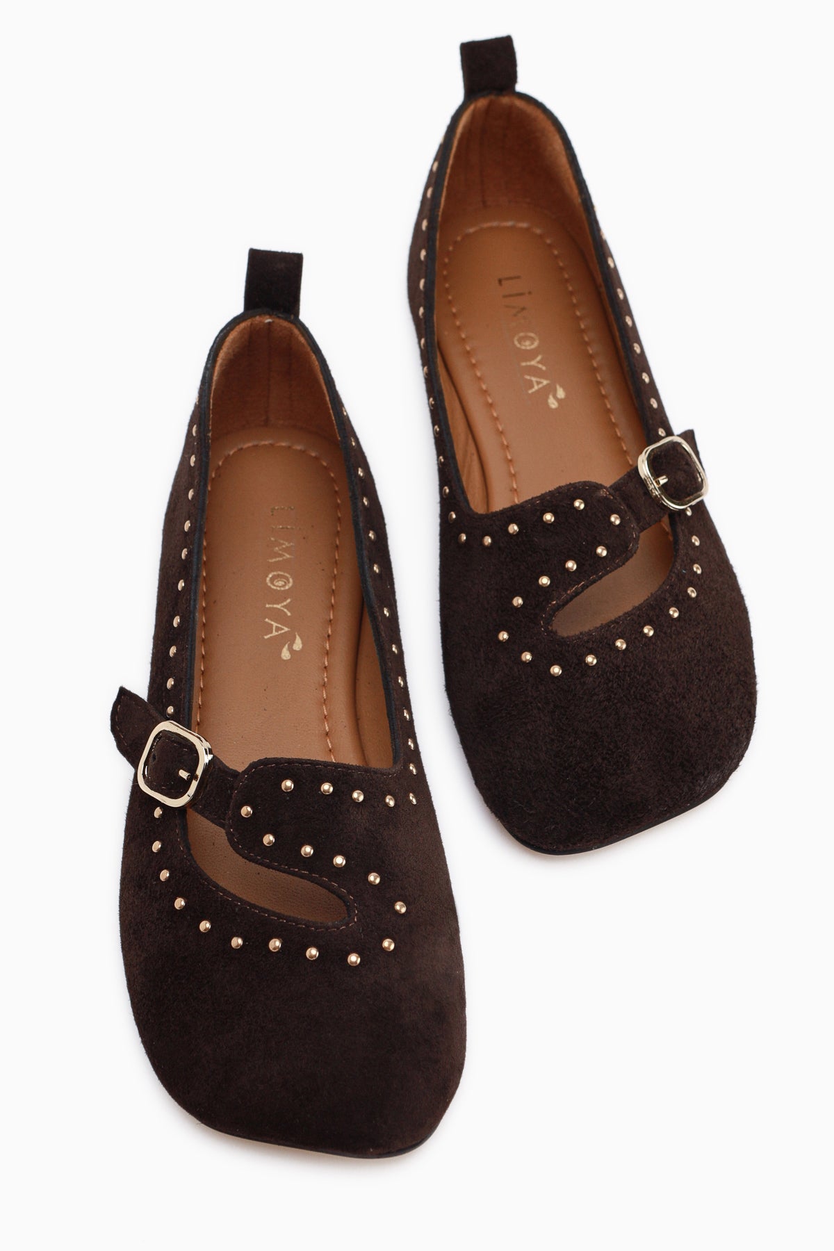 Nella Echtes Leder Braun Schnalle Quadrat Zehe Damen Ballerinas