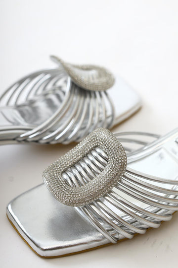 Katerin – Silver Patent Stone-Embellished Buckle-Detail Slide (Women)