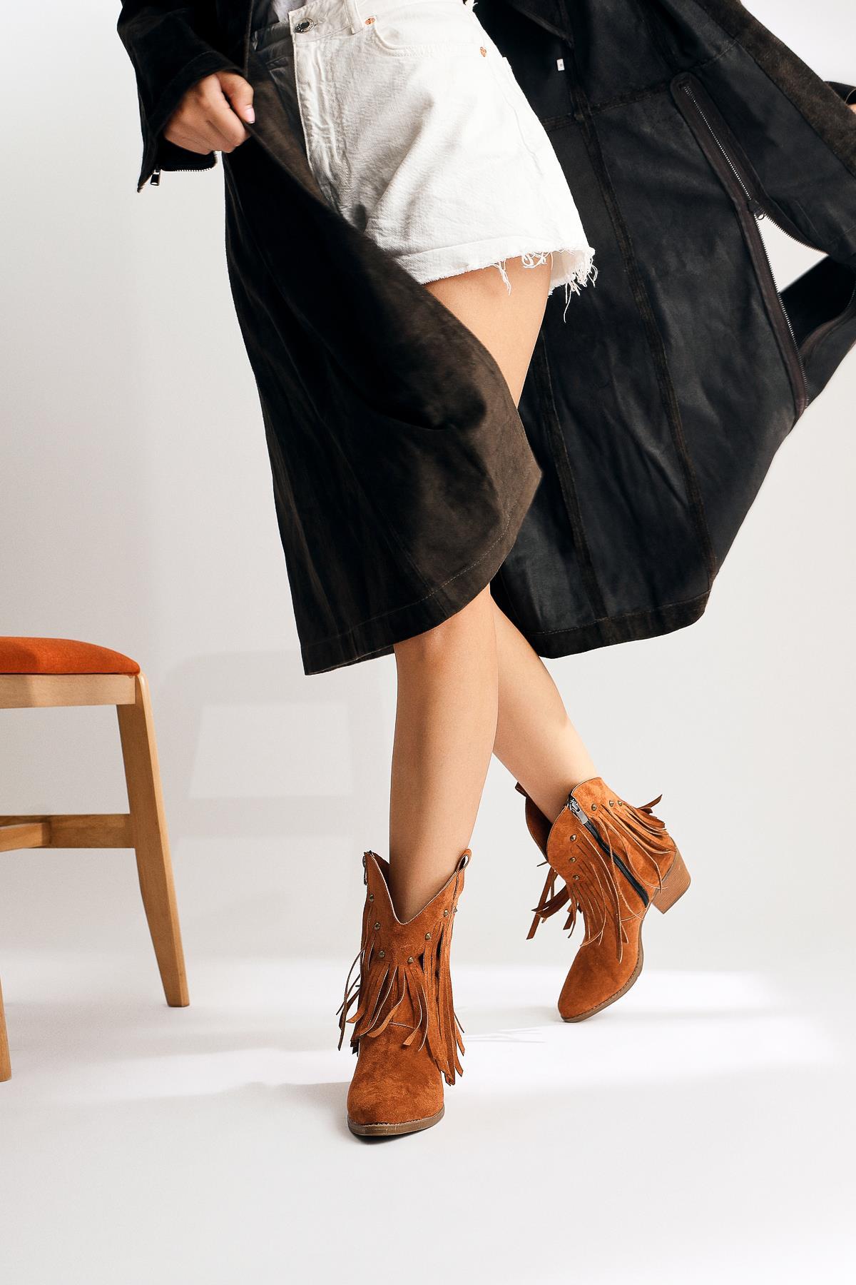 Lillebeth Tan Suede Tassel Stud Detail Western Boots