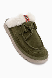 Echtes Leder Tisha Khaki Wildleder Pelz Detail Damen Pantoletten