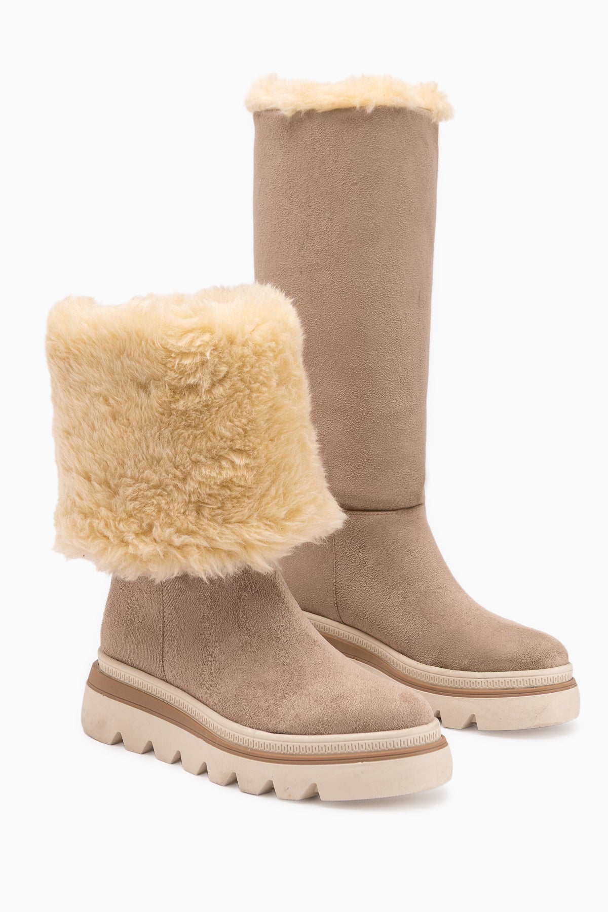 Edna Beige Wildleder Pelz Detail Damen Stiefel