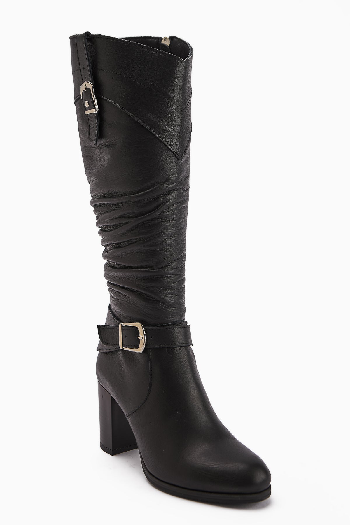 Ting Genuine Leather Black Buckle Detailed Women's Heeled Boot